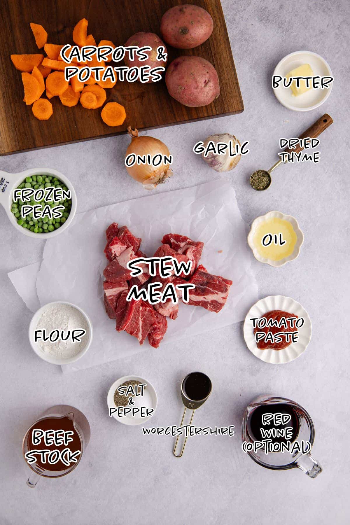 Slow Cooker Beef Stew Ingredients on a counter