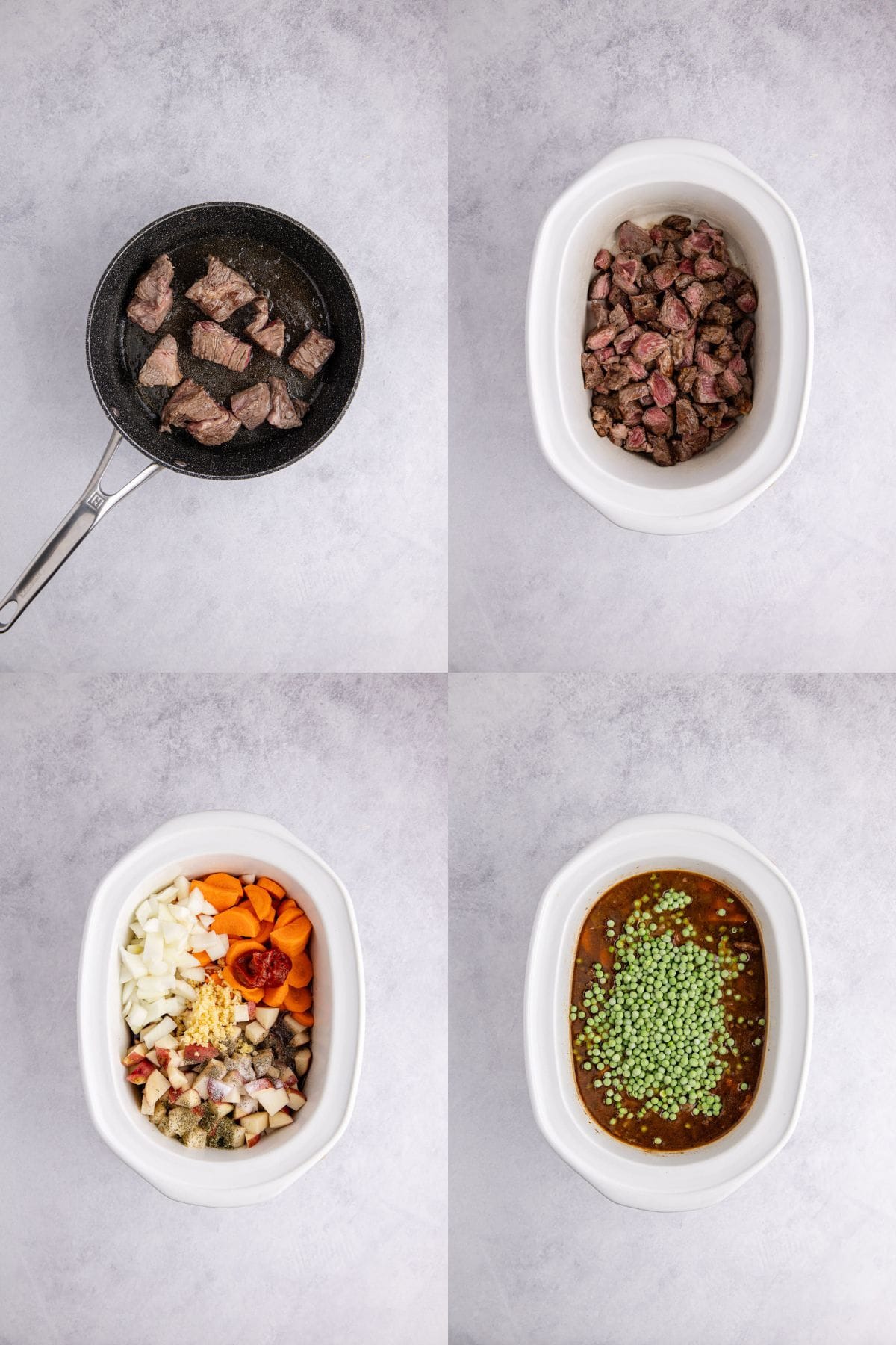 Steps of a Slow Cooker Beef Stew being made in a Crock Pot