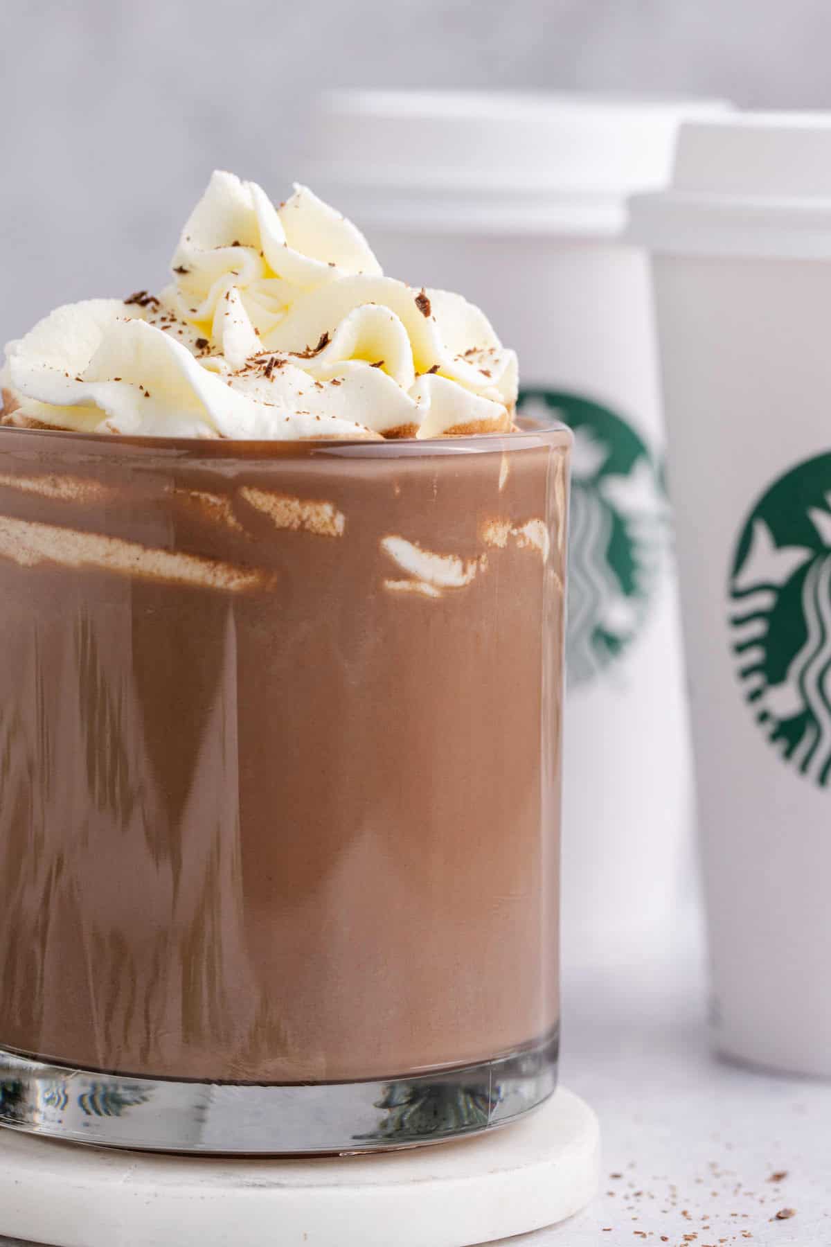 Starbucks Peppermint Hot Chocolate in a mug with whipped cream and chocolate shavings closer up