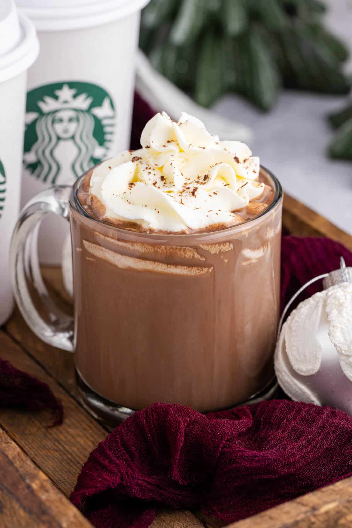 Starbucks Peppermint Hot Chocolate in a mug with whipped cream in a tray close up
