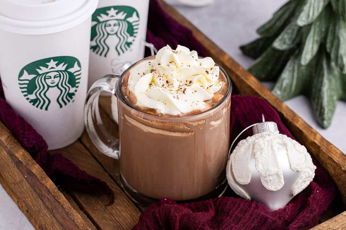 Starbucks Peppermint Hot Chocolate in a mug with whipped cream in a tray