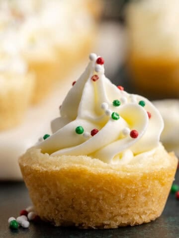 Sugar Cookie Cups close up with Frosting and Sprinkles on a counter