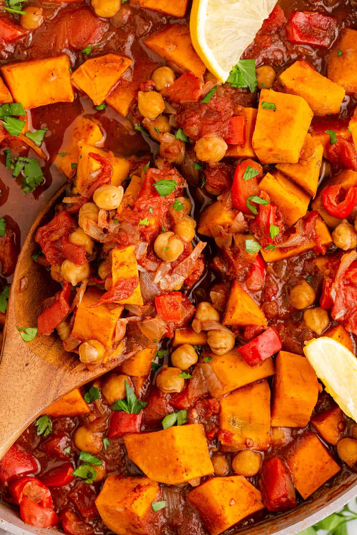 Close Up of Sweet Potato Skillet with Fresh Parsley Garnish