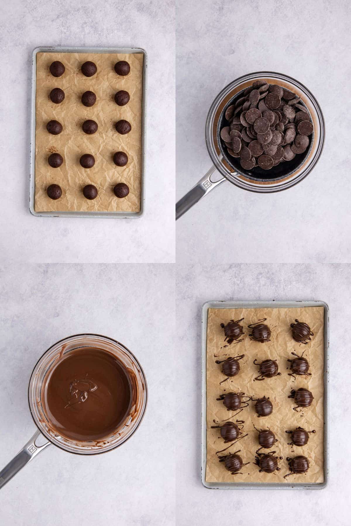 Baileys Truffles being rolled into balls on parchment paper and chocolate being melted