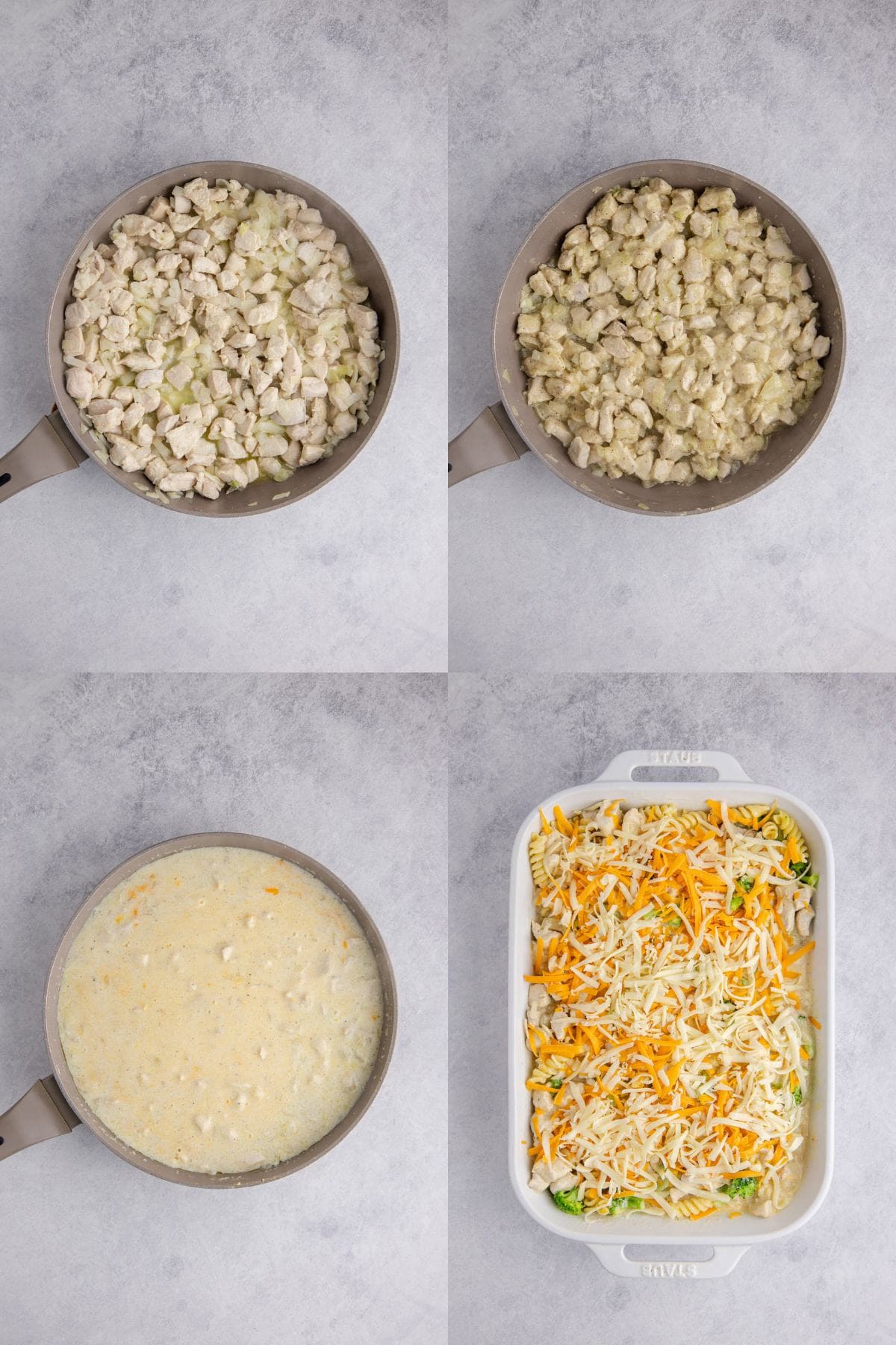 Cheesy Chicken Casserole being made in a pan then placed in a baking dish before baking