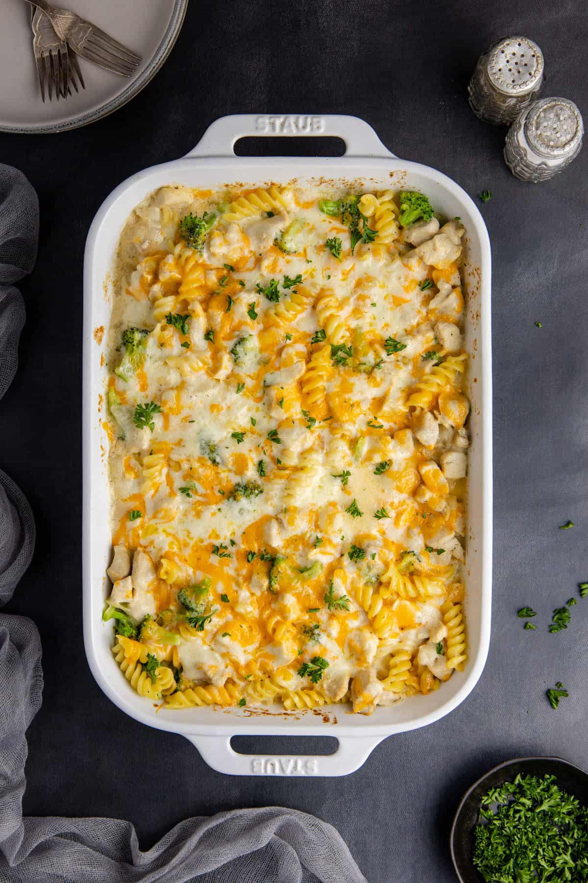 Cheesy Chicken Casserole in a casserole dish from above