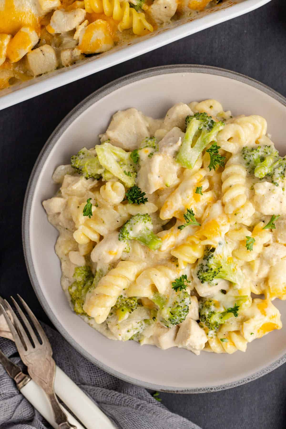 Cheesy Chicken Casserole on a plate close up