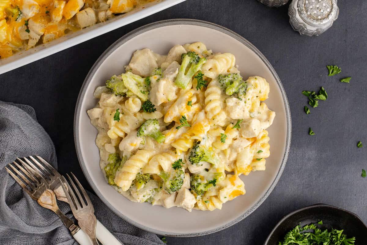 Cheesy Chicken Casserole on a plate close up from above