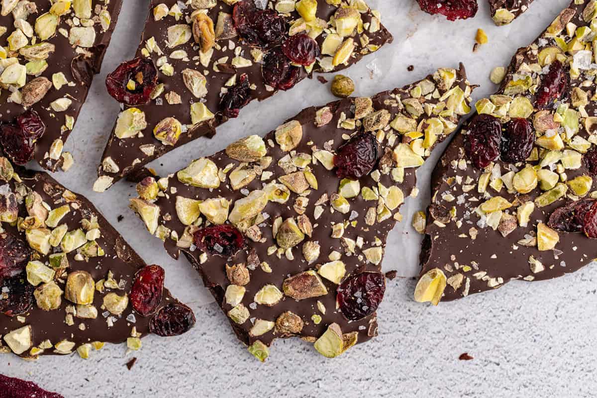 Dark Chocolate Bark with dried cranberries and pistachios from above