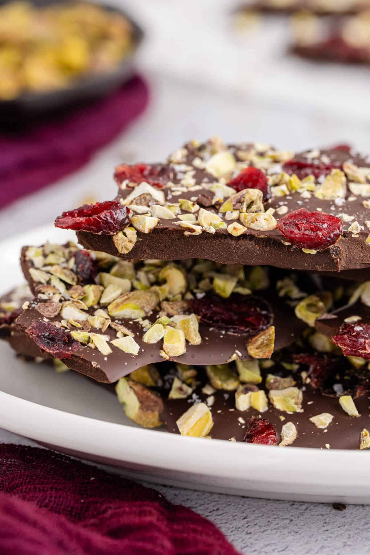 Dark Chocolate Bark with dried cranberries and pistachios close up