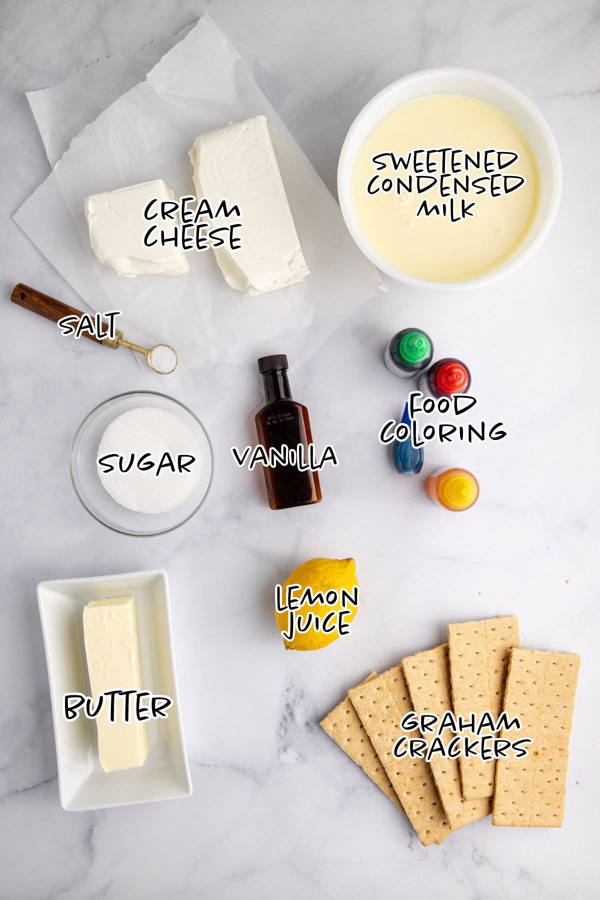 Easter Swirl Cheesecake Ingredients on a counter