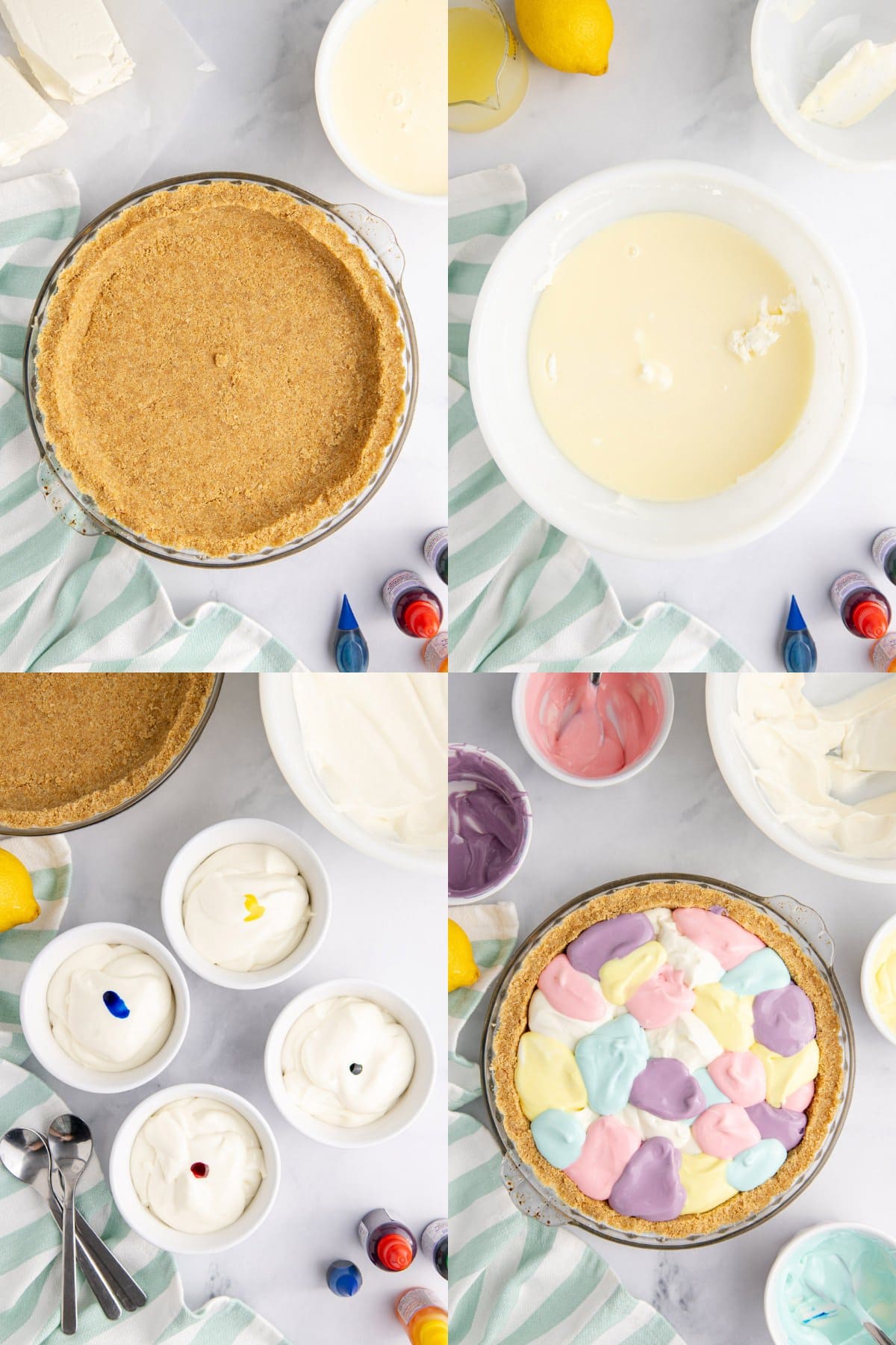 Easter Swirl Cheesecake being made in a bowl and filling being dyed in smaller containers