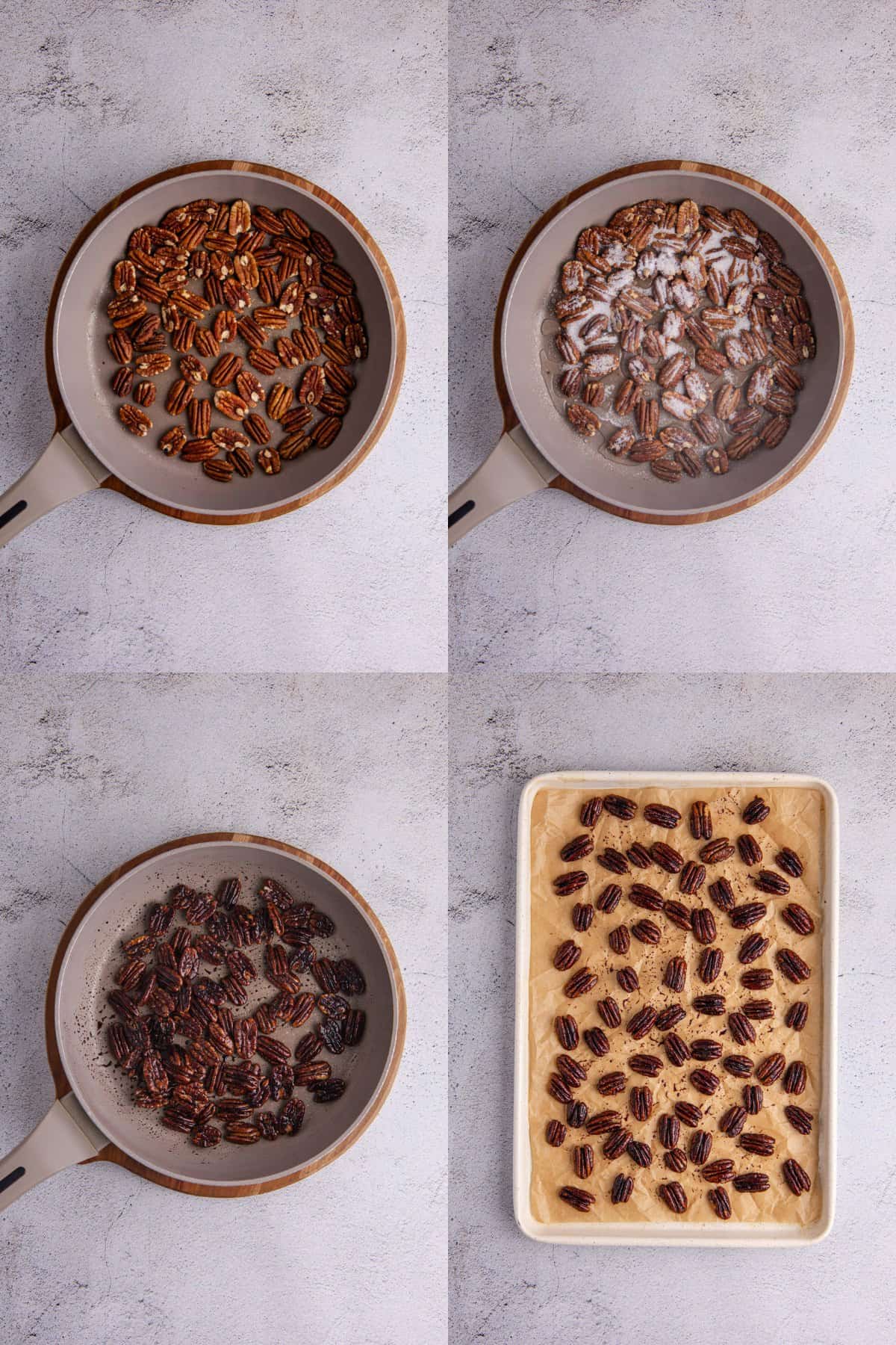 Process of Keto Candied Pecans Being Made in a Skillet and Finished on a Parchment Lined Baking Sheet