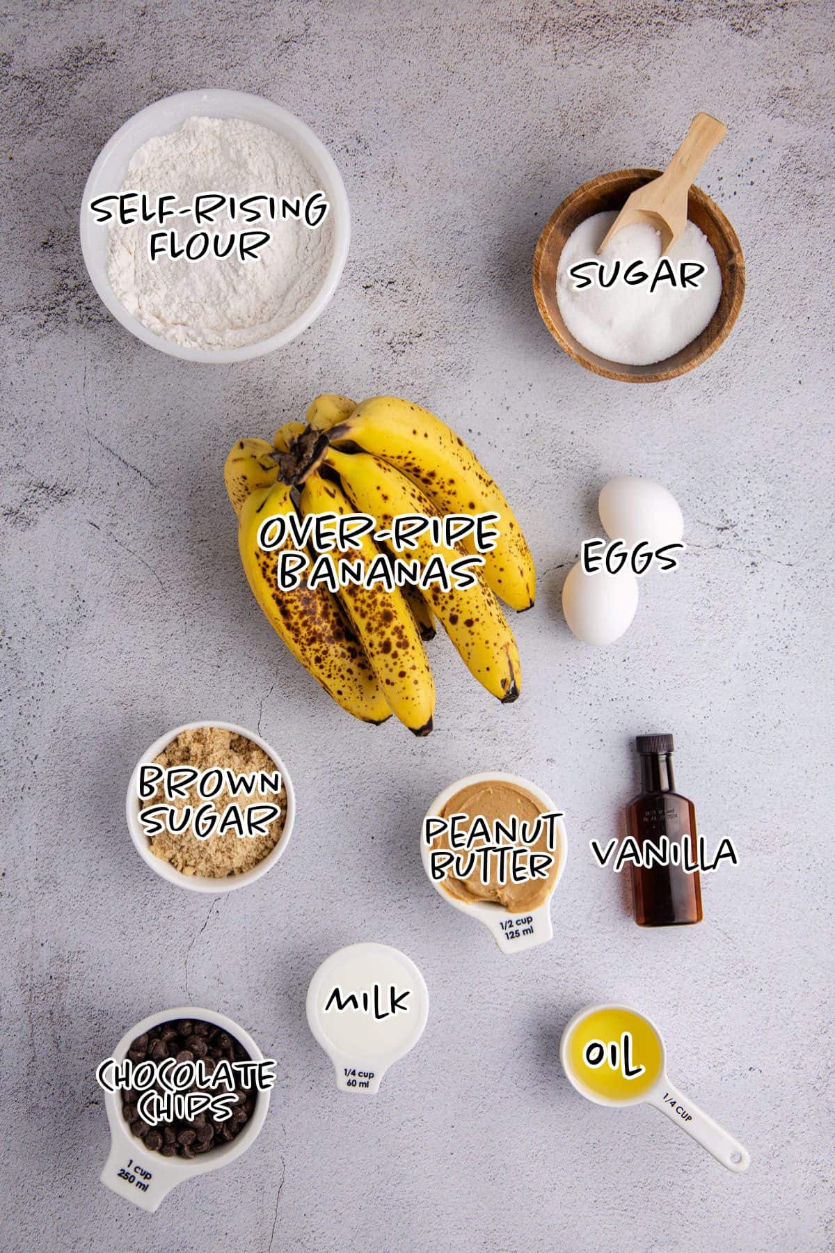 Peanut Butter Banana Bread Ingredients on a counter