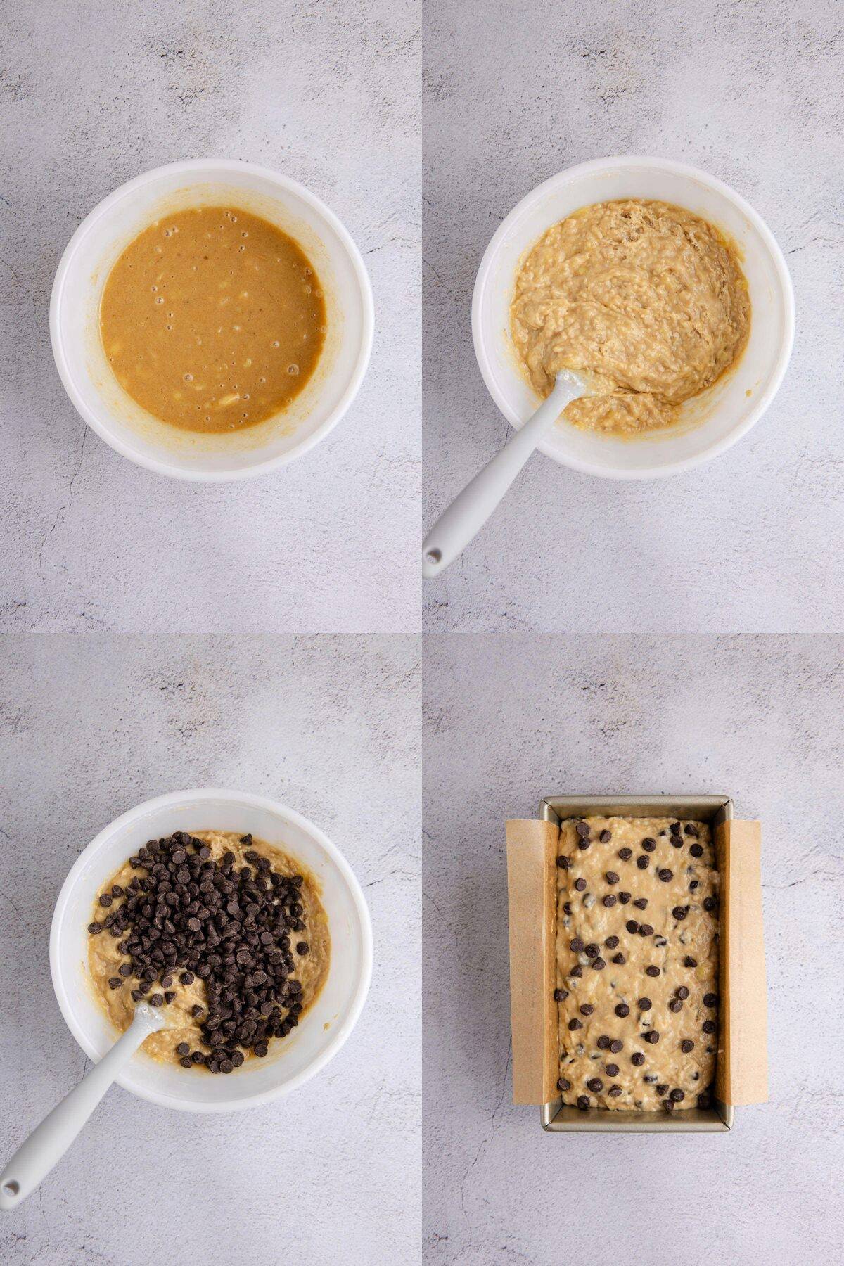 Peanut Butter Banana Bread being mixed in a bowl then put into a pan