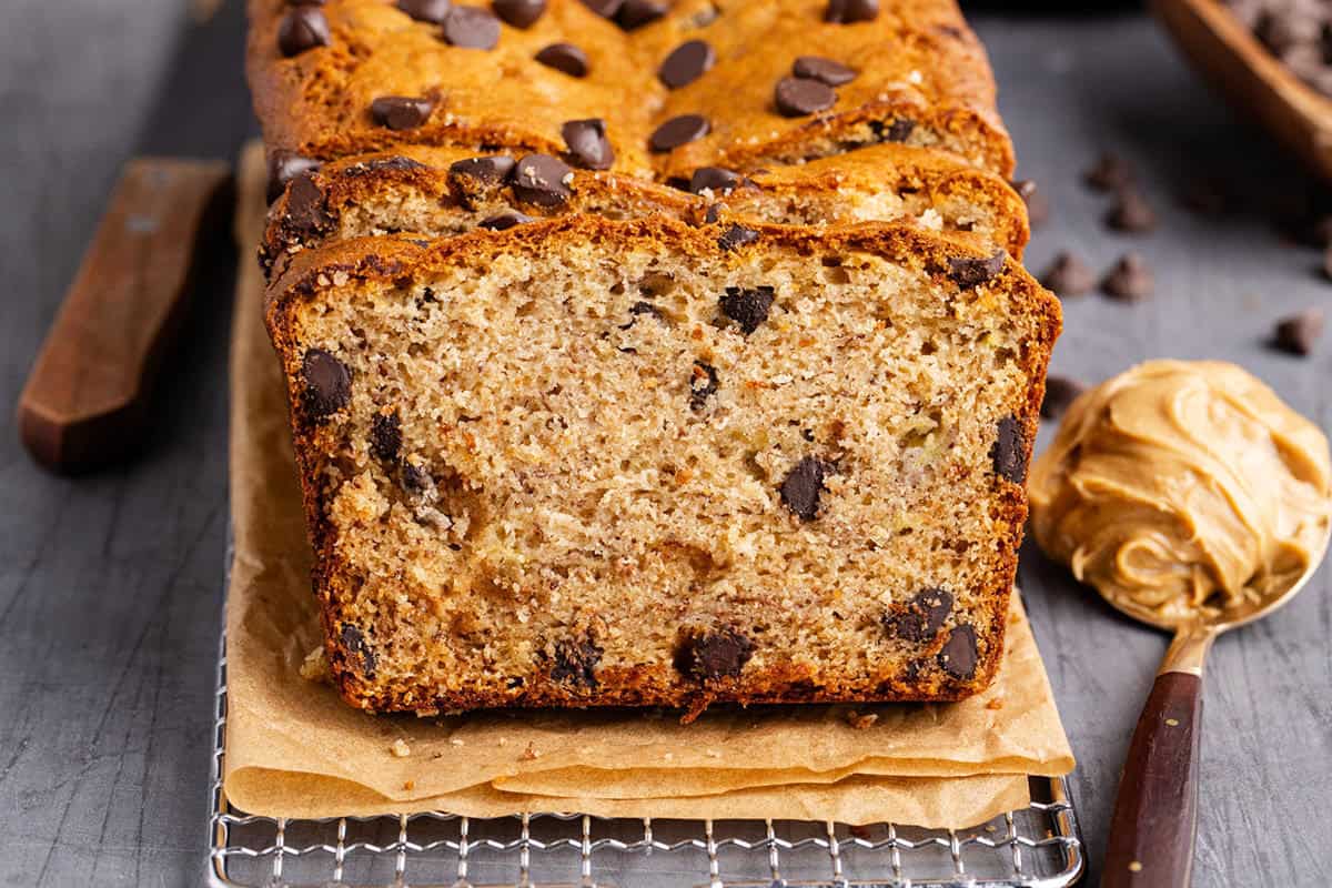 Peanut Butter Banana Bread slice up close