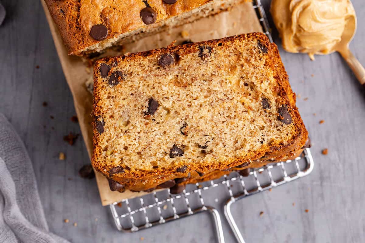 Peanut Butter Banana Bread from above with a slice face up