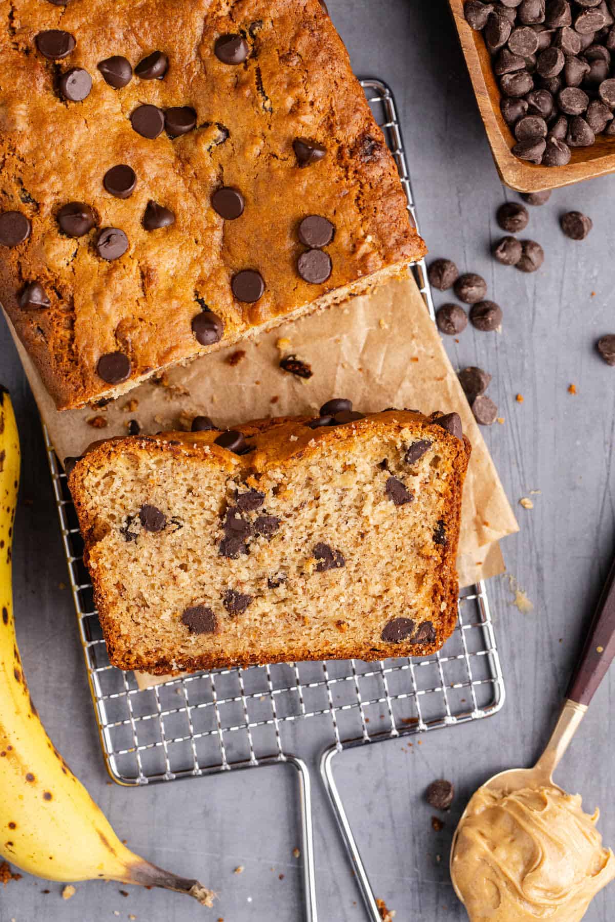 Peanut Butter Banana Bread from above with a slice face up