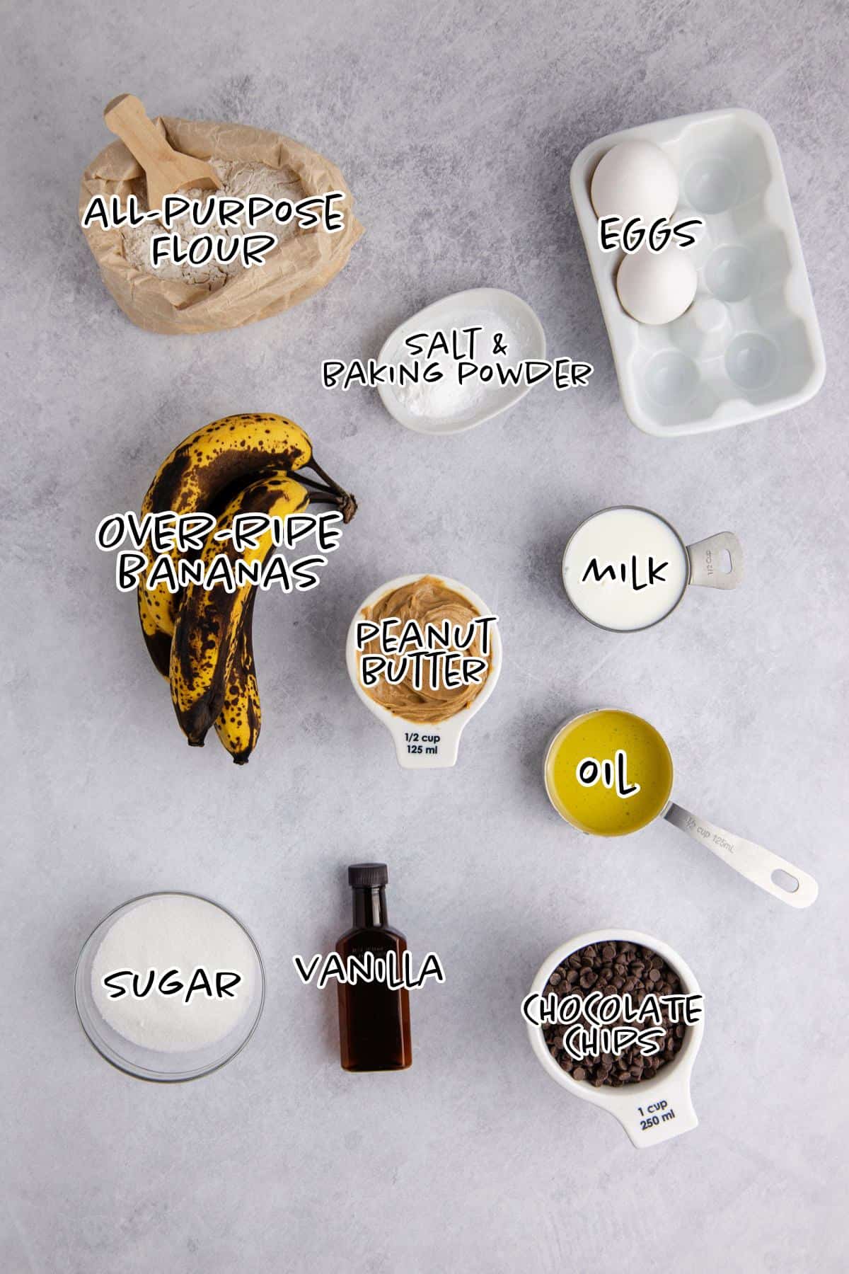 Peanut Butter Banana Muffins Ingredients on a counter
