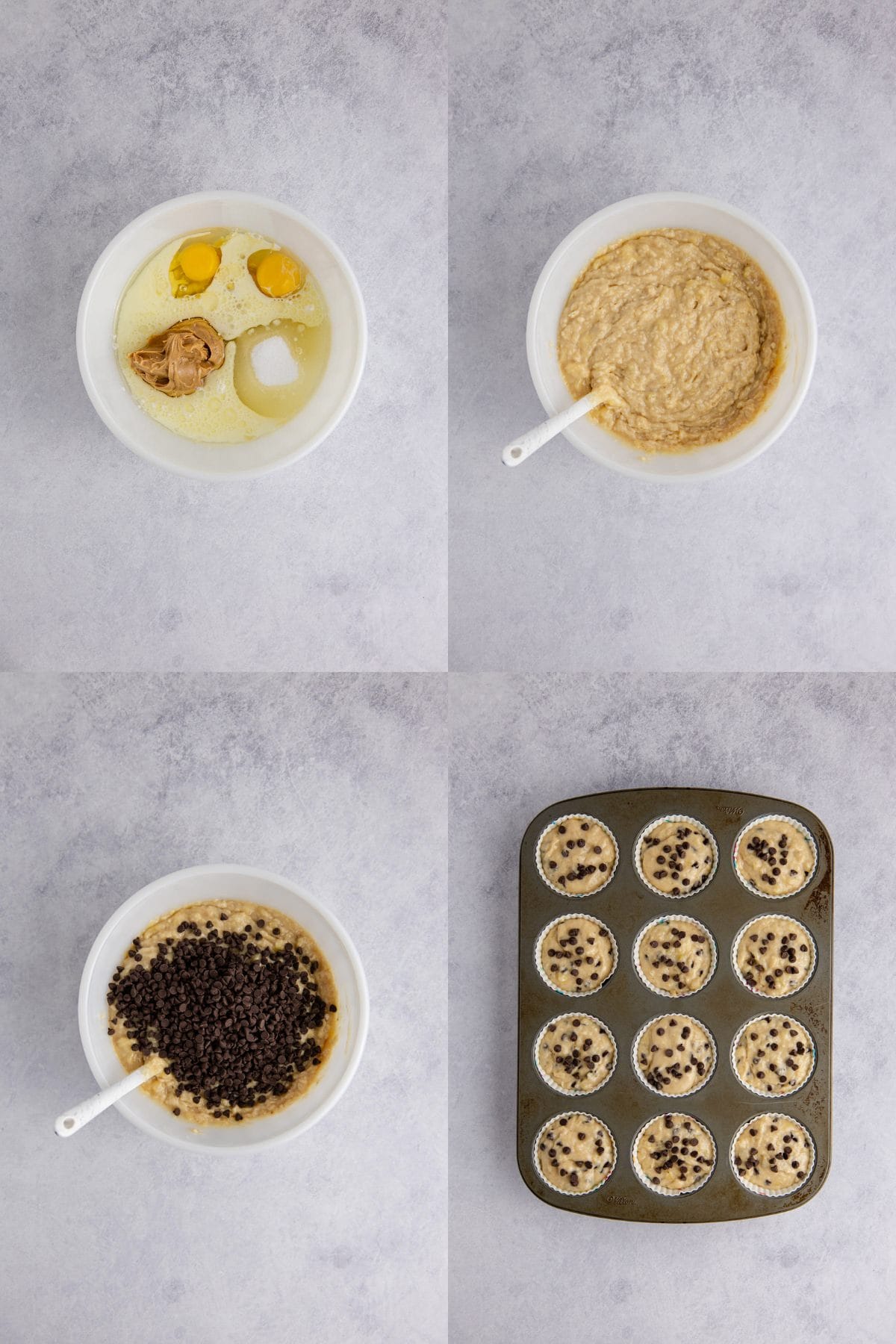 Peanut Butter Banana Muffins bring made in a bowl and muffin tray