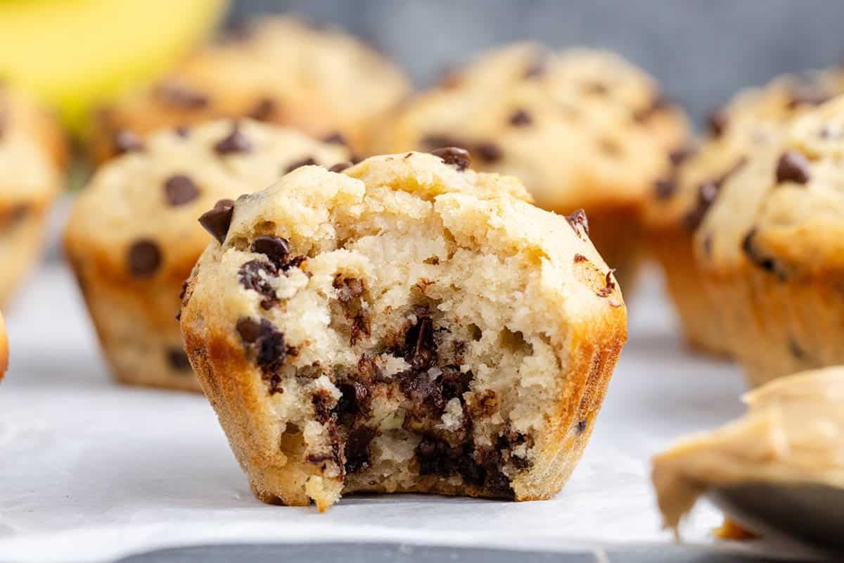 Peanut Butter Banana Muffin on a counter with a bite taken