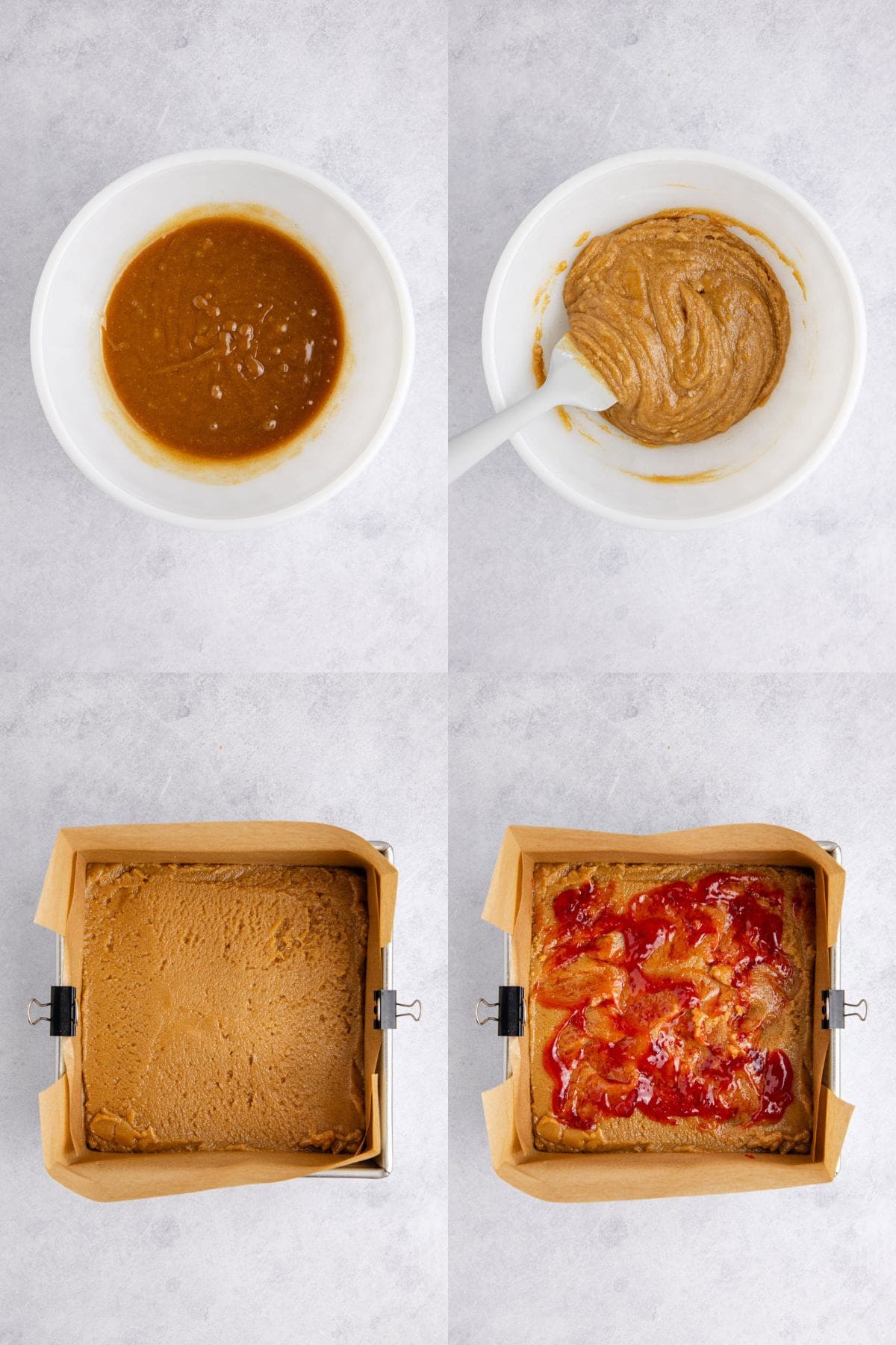 Peanut Butter and Jelly Bar dough being made in a bowl then into a metal pan