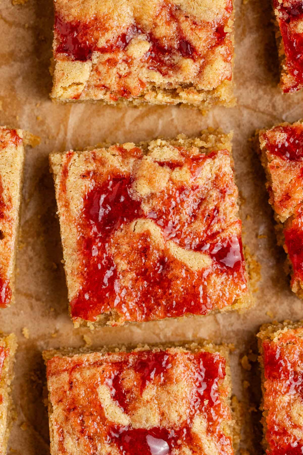 Peanut Butter and Jelly Bars from above close up
