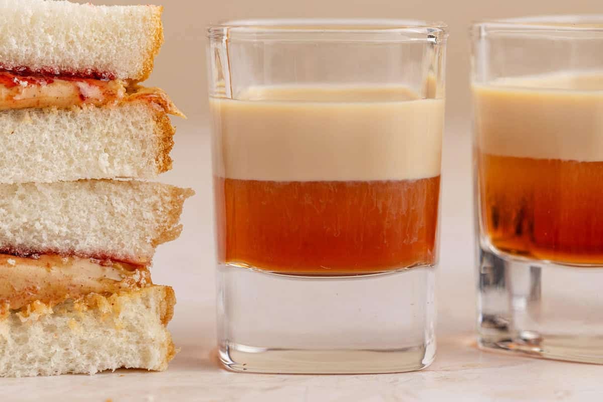 Peanut Butter and Jelly Shot up close showing the layers