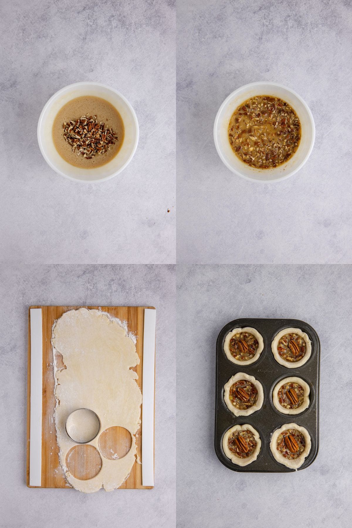 Pecan Tarts being made in a bowl, dough cut and in a muffin tray