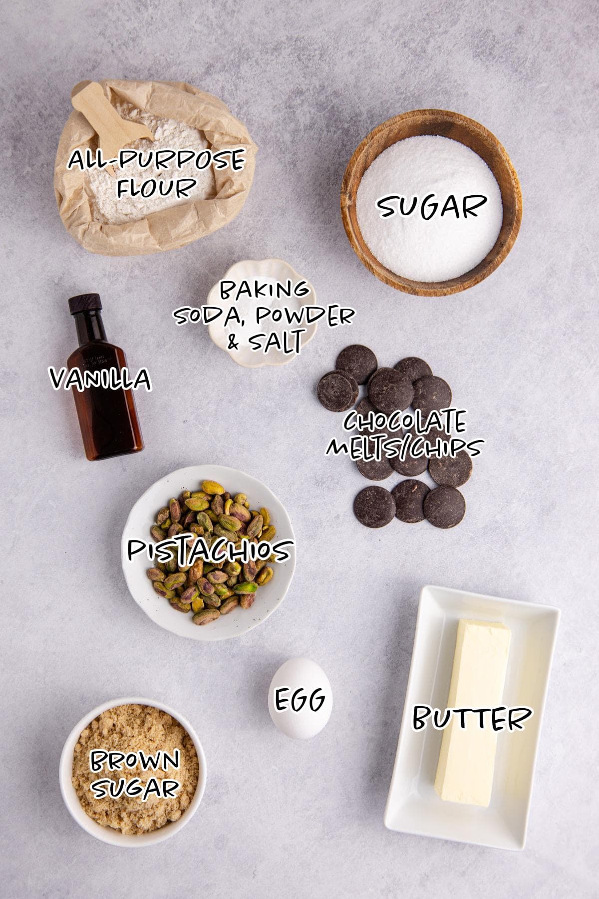 Pistachio Chocolate Chip Cookies Ingredients on a counter