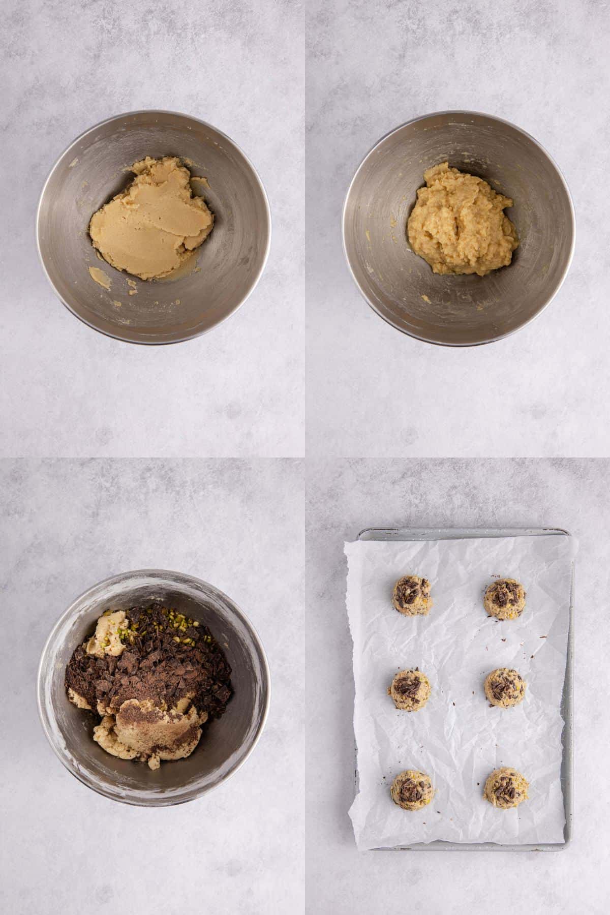 Pistachio Chocolate Chip Cookie dough being made in a mixer bowl and then scooped on a baking sheet
