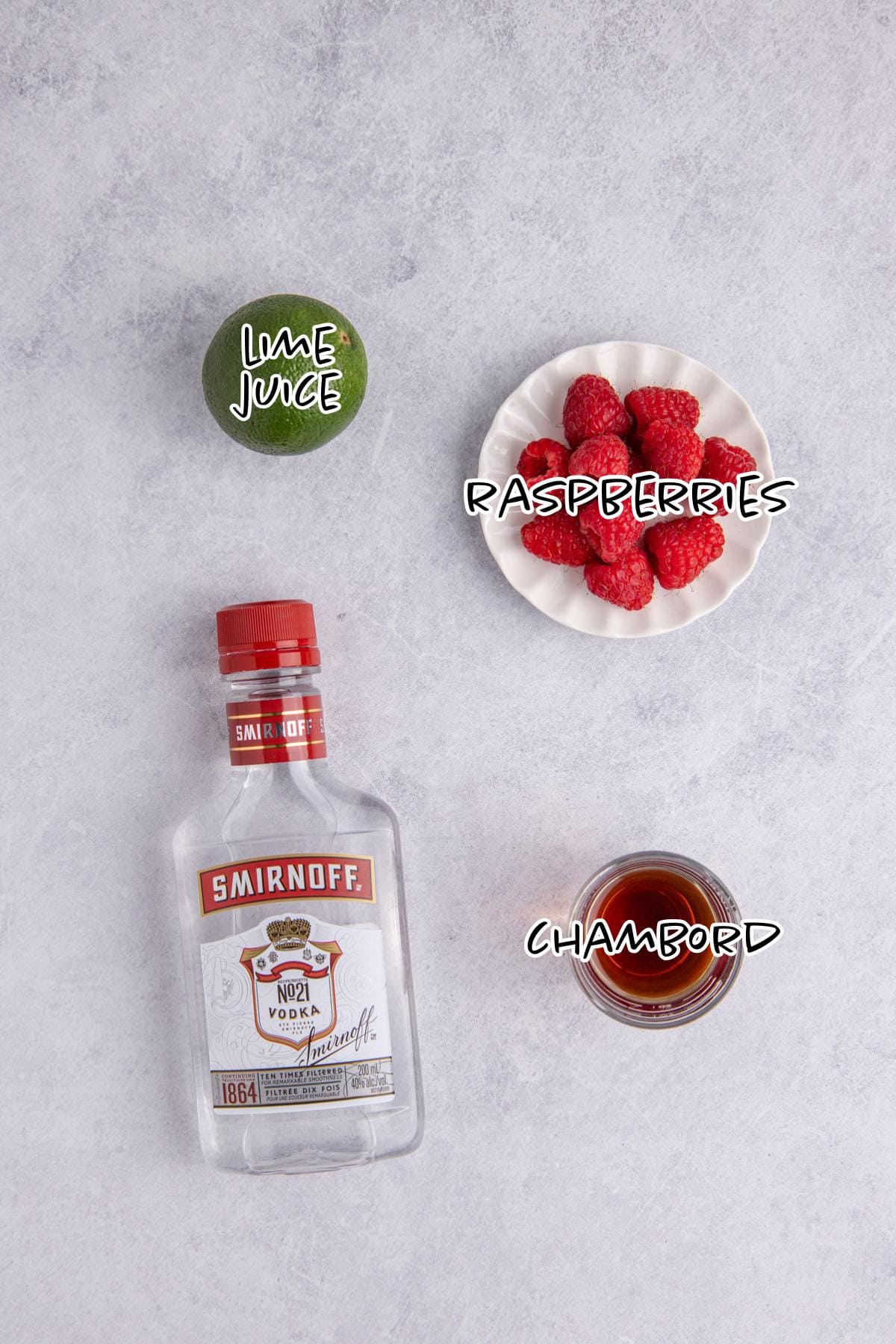 Raspberry Martini Ingredients on a counter