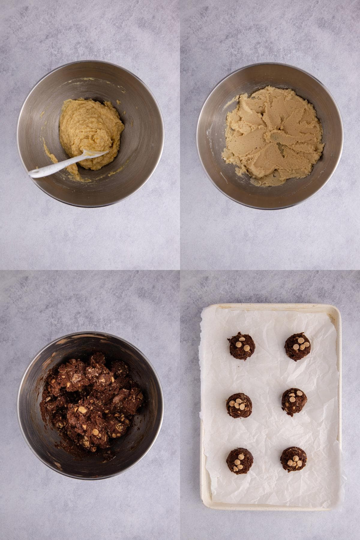 Reese's Peanut Butter Cookie batter being made in a mixer bowl and on a cookie sheet