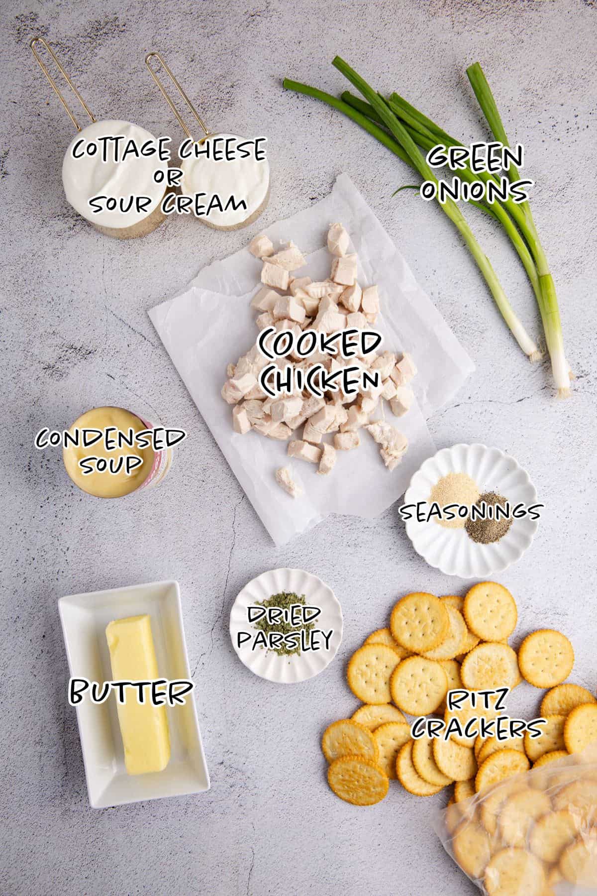 Ritz Cracker Chicken Casserole Ingredients on a counter