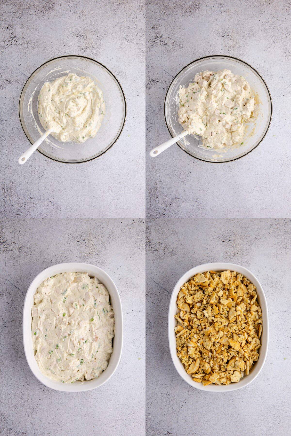 Ritz Cracker Chicken Casserole Being made in a bowl and baking dish
