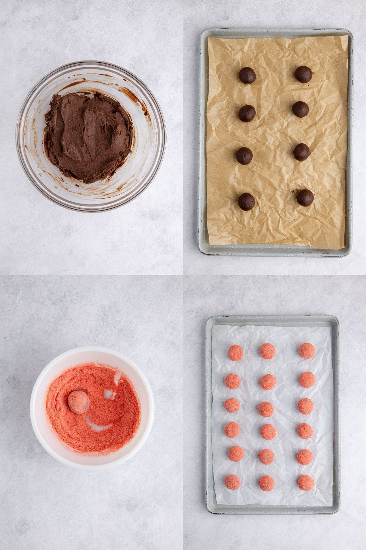 Strawberries Chocolate Truffles being made in a bowl, rolled on a tray and rolled into freeze-dried powder