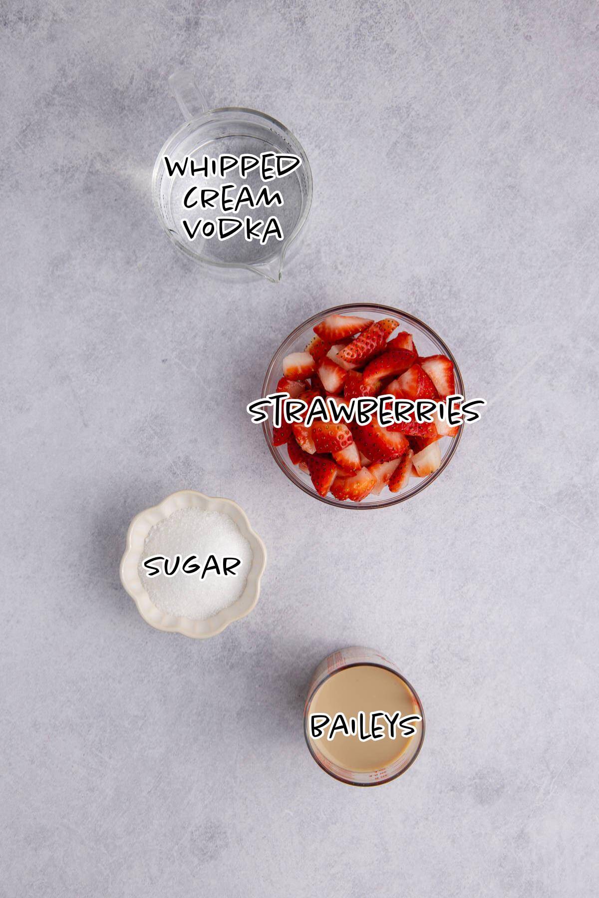 Strawberries and Cream Martini Ingredients on a counter