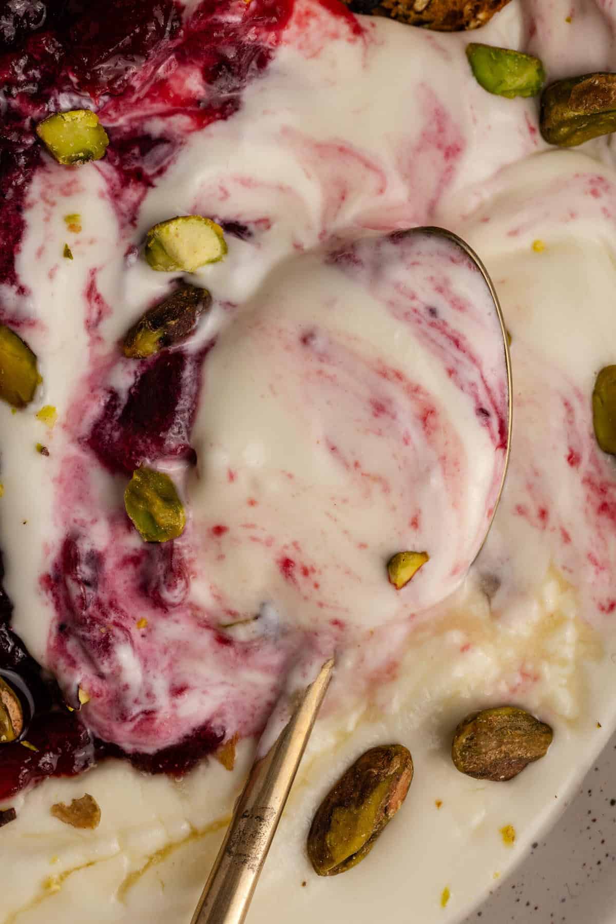 Whipped Goat Cheese close up of a spoon in a bowl with cranberry sauce and pistachios