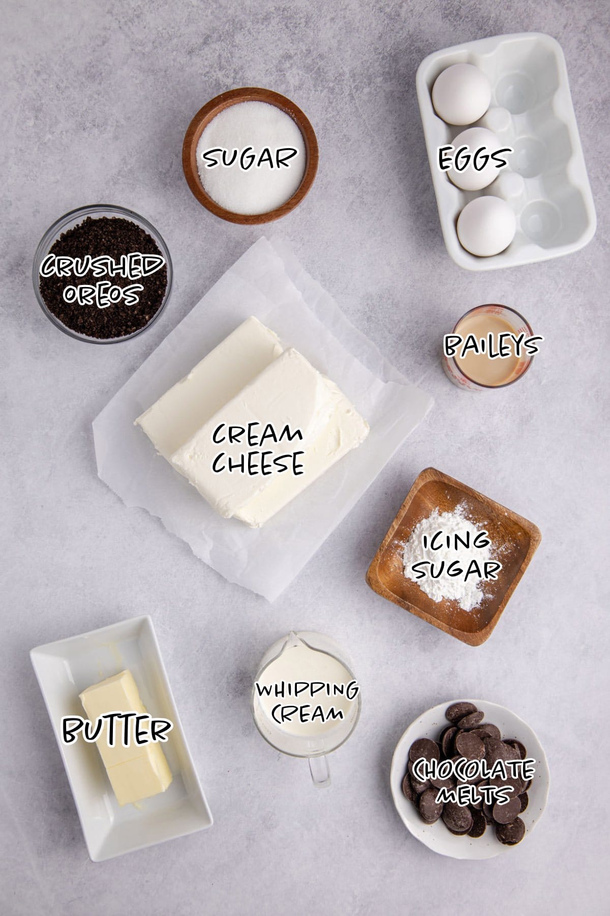 Baileys Cheesecake Ingredients on a counter