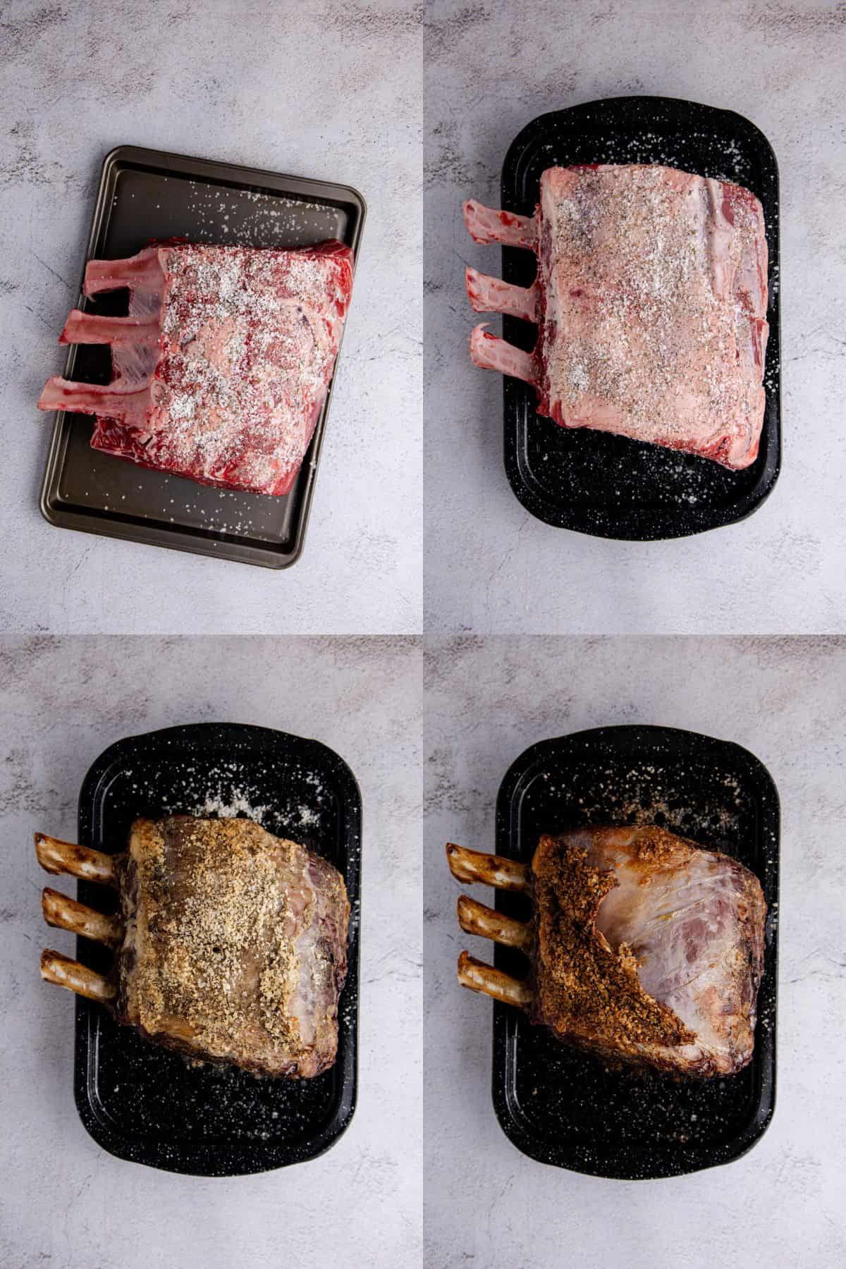 Bone In Prime Rib Roast being made on a roasting pan