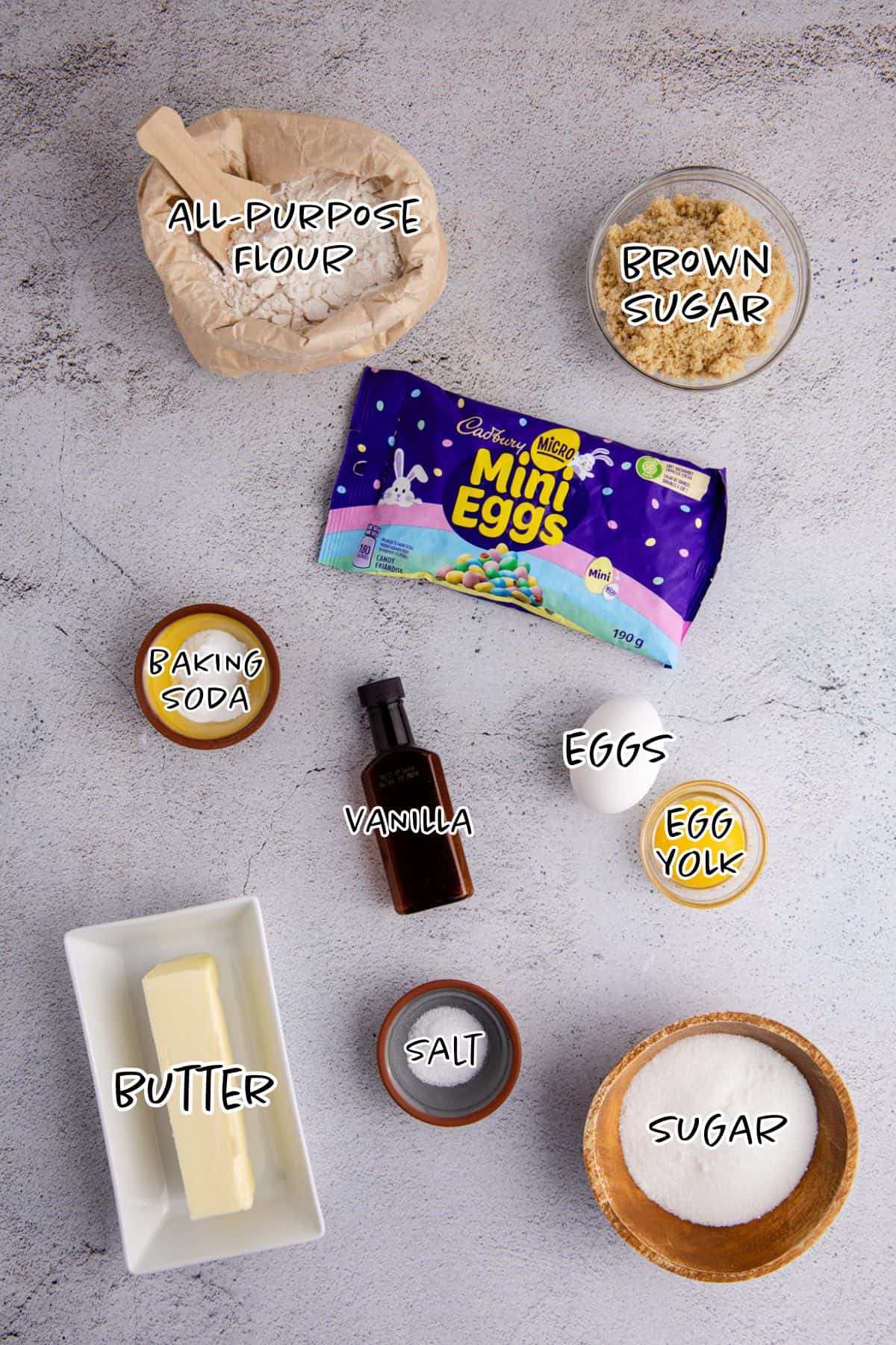 Cadbury Mini Egg Cookie Ingredients on a counter