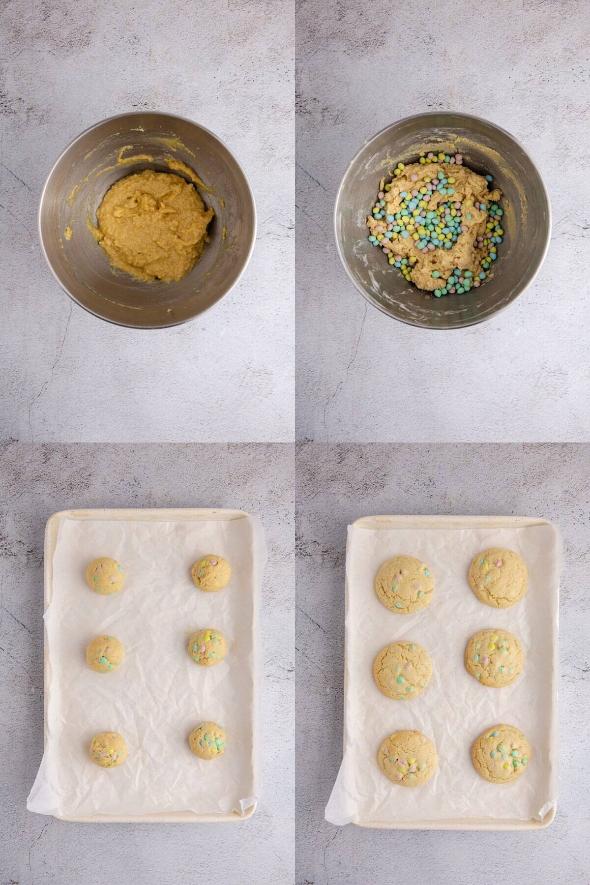 Cadbury Mini Egg Cookies being made in a mixer bowl then on a cookie sheet