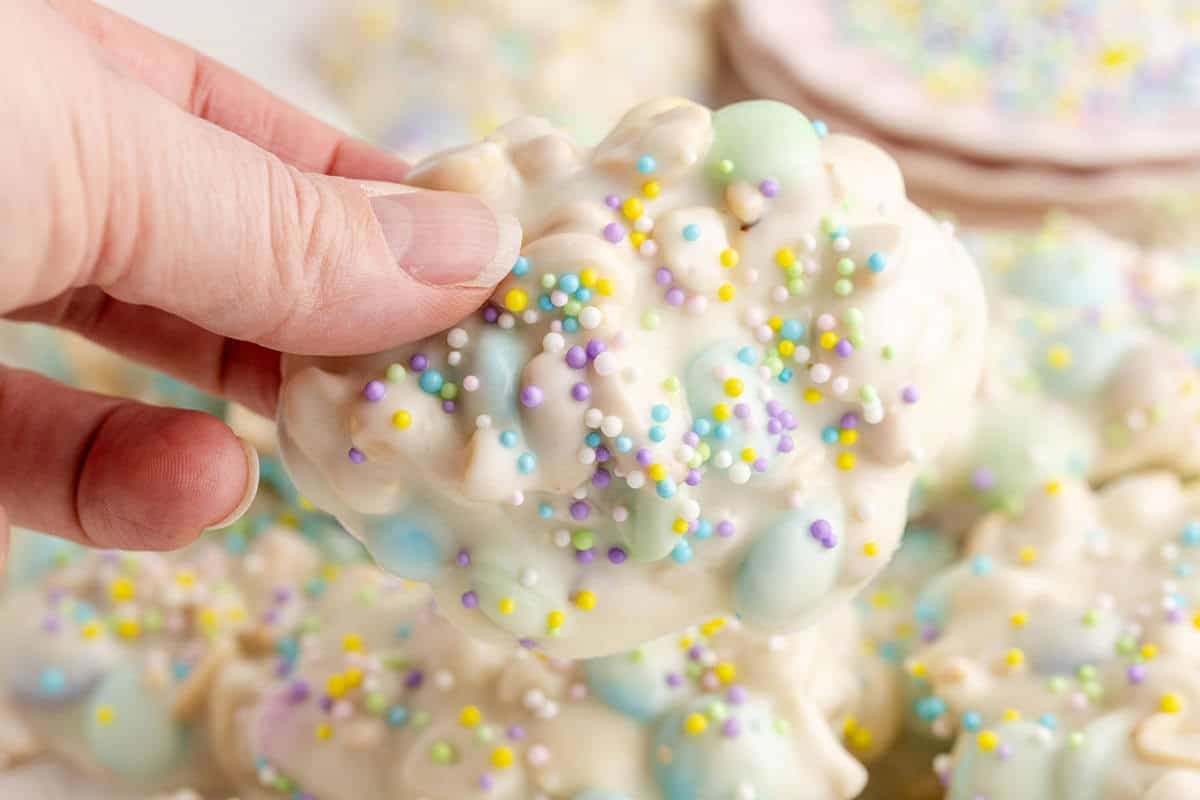 Crockpot Easter Candy Clusters being picked up