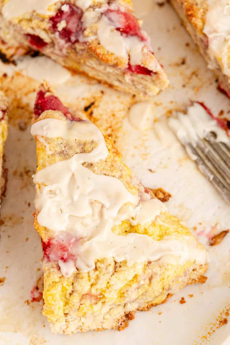 Strawberry Scones from overhead on a baking sheet