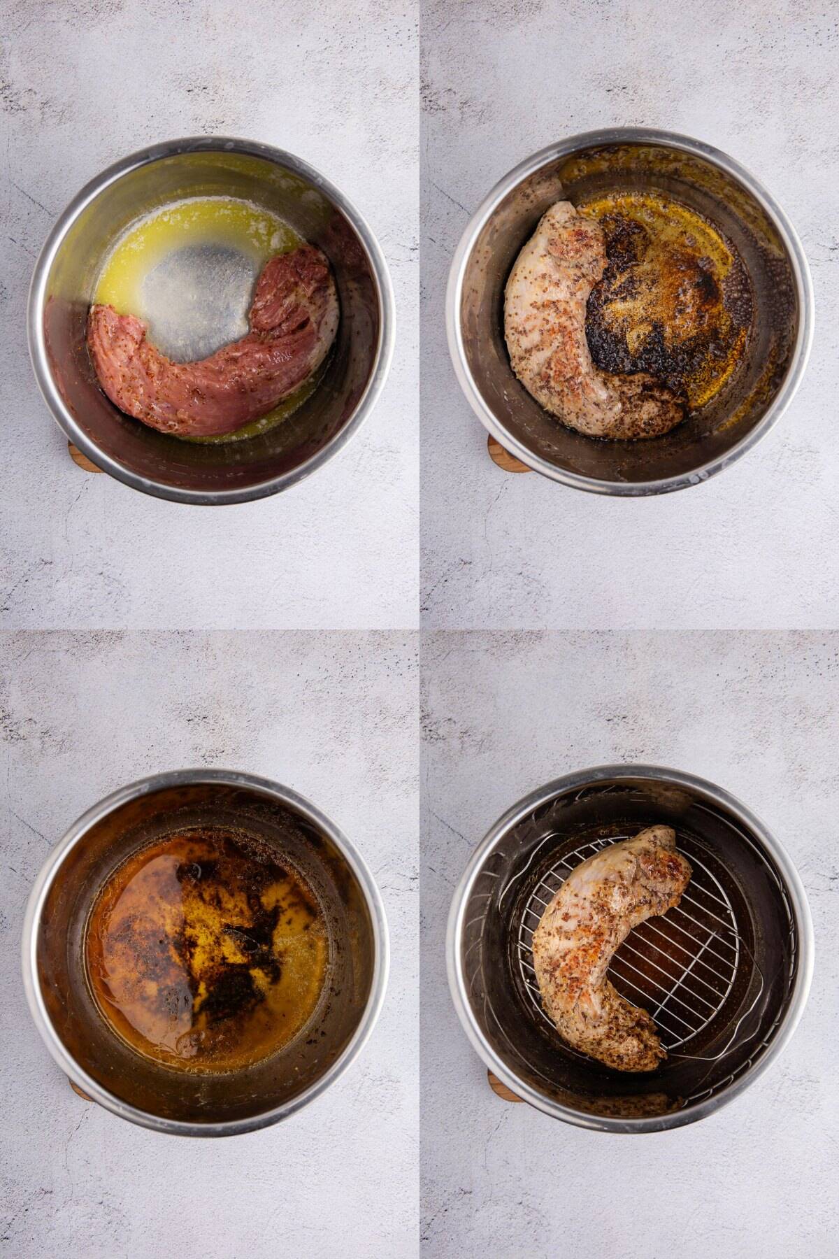 Instant Pot Pork Tenderloin shown in the base being browned, deglazed and cooked
