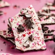 Oreo Bark for Valentines with sprinkles up close