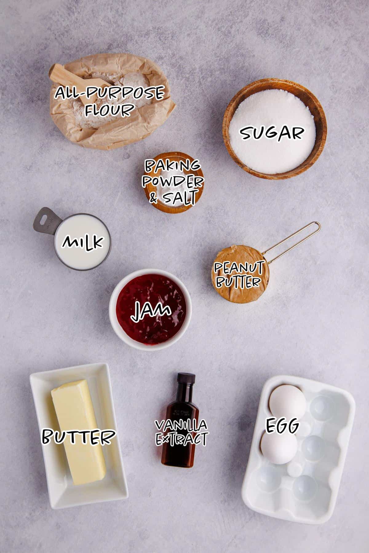 Peanut Butter and Jelly Muffins Ingredients on a counter