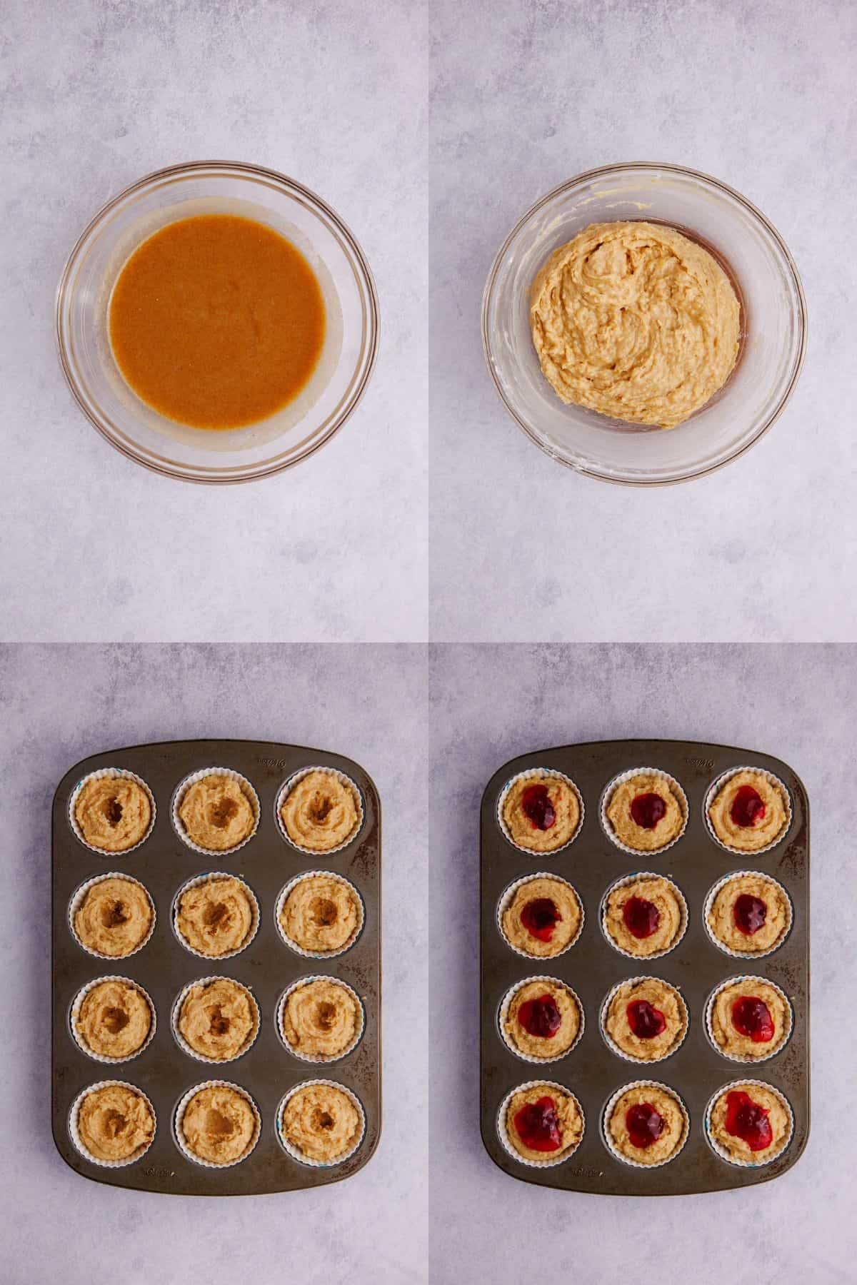 Peanut Butter and Jelly Muffins batter being made in a bowl and put into a muffing tray