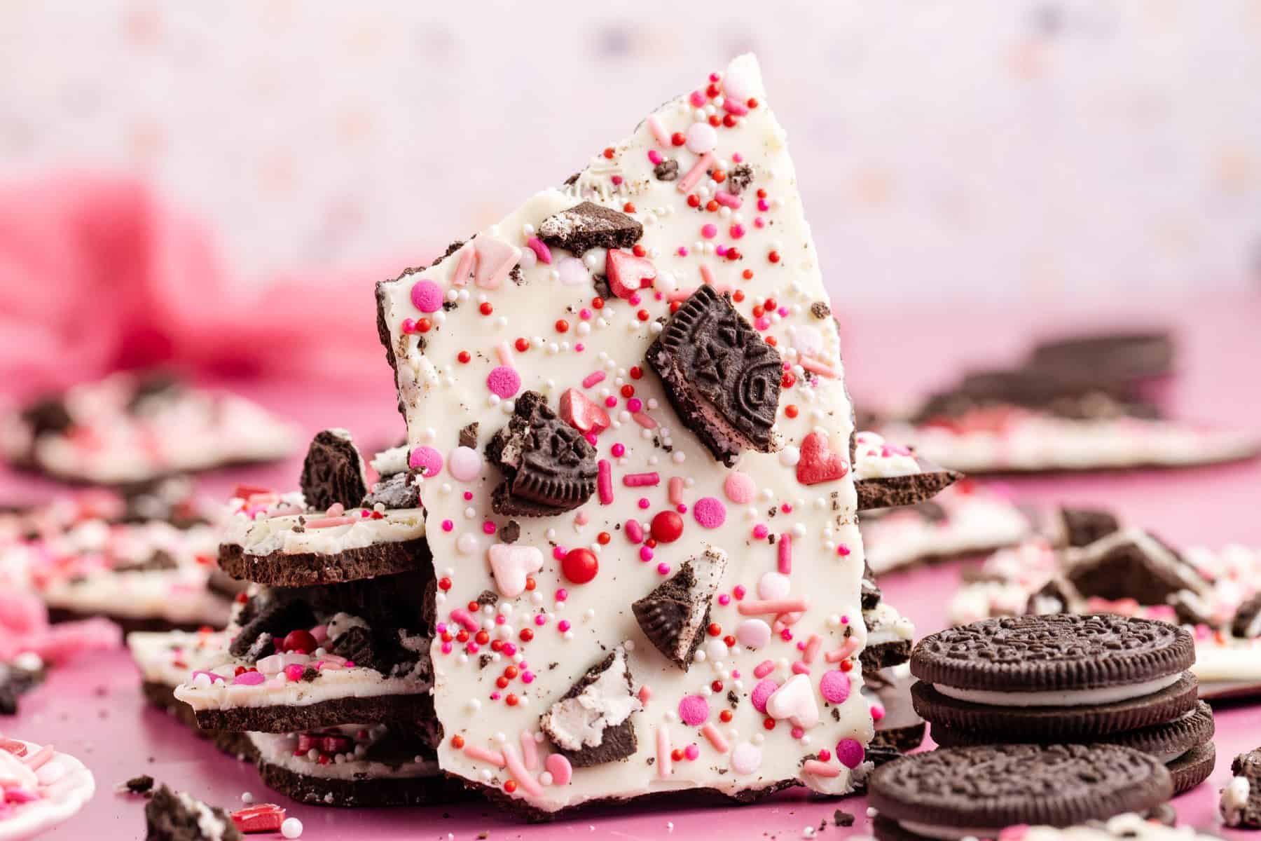Oreo Bark for Valentine's with red, white and pink sprinkles