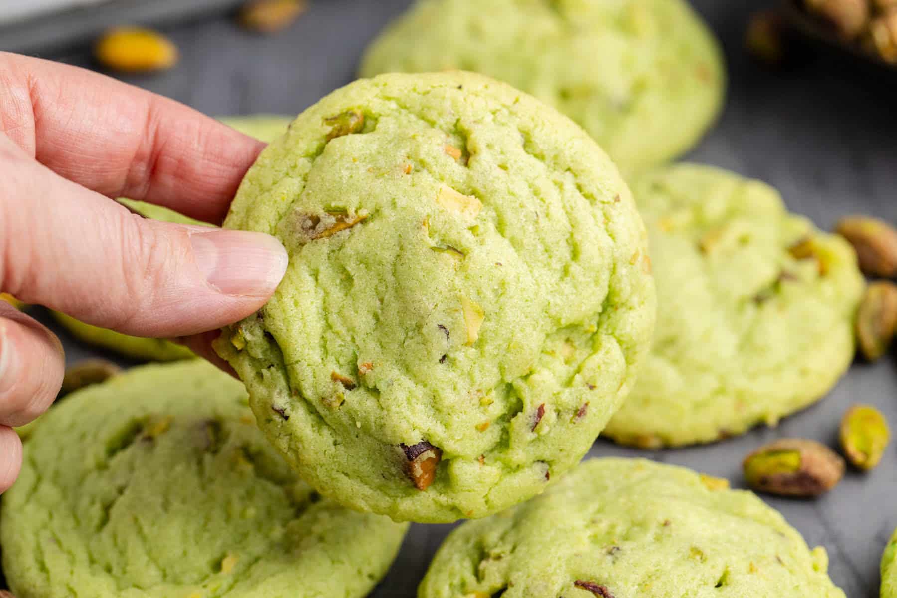 Green Pistachio Pudding Cookie Being Picked Up